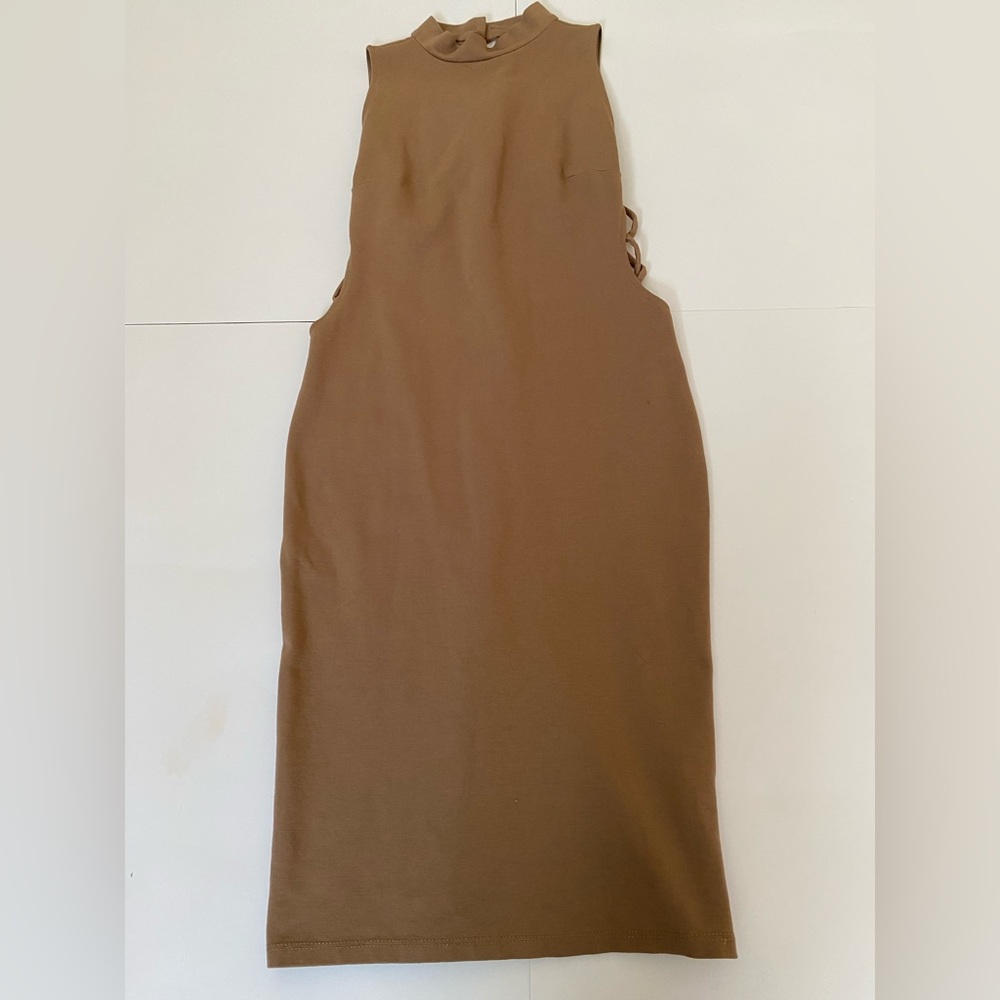 Solemio Los Angeles Nude/Brown Mock Neck Midi Dress with side cut-out-Medium